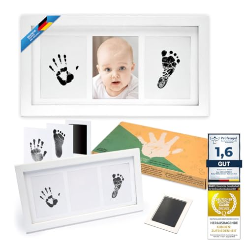 all Kids United® Baby Bilderrahmen Abdruck-Set - Fotorahmen für Hand-Abdruck, Fuß-Abdruck & Fotos; Geschenk-Set für Geburt, Taufe, Baby-Part uvm. 3-teilig weiß (Tinte) von all Kids United