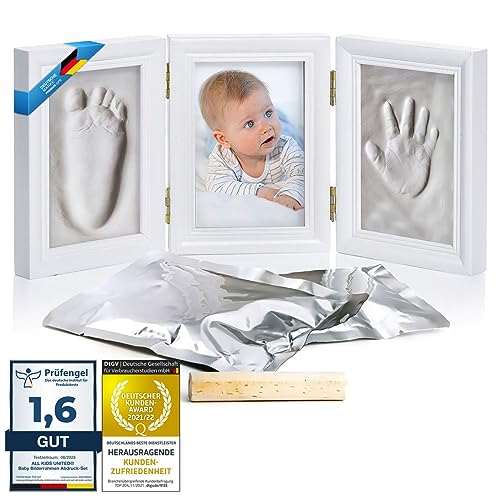 all Kids United® Baby Bilderrahmen Abdruck-Set - Gips-Abdruck Fotorahmen für Hand-Abdruck, Fuß-Abdruck & Fotos; Geschenk-Set für Geburt, Taufe, Baby-Part uvm. 3-teilig weiß (Gips) von all Kids United