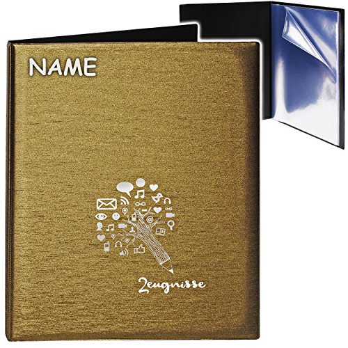 alles-meine.de GmbH A4 - Zeugnismappe/Dokumentenmappe - Zeugnisse Stift & Wissen - 3D Metallic Effekt - Gold/braun - inkl. Name - GEBUNDEN mit 20 festen Seiten- A 4.. von alles-meine.de GmbH