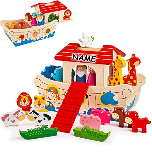 alles-meine.de GmbH 19 TLG. Set - Spielwelt - Motivwahl - Arche Noah - Schiff + Tiere - inkl. Name - 28 cm - bespielbar/Holzfiguren - Spielzeug Set Welt - Holztiere - Spielset .. von alles-meine.de GmbH