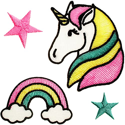 alles-meine.de GmbH 2 * 4 TLG. Set Textil - Sticker/Applikationen zum Aufkleben/Bügelbild - Einhorn mit Regenbogen & Sterne - 4,9 cm * 5,6 cm - Aufnäher/Applikation/Aufbü.. von alles-meine.de GmbH