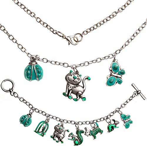 alles-meine.de GmbH 2 TLG. Set Kinder - Kette + Bettelarmband Katze - Marienkäfer - Schmetterling - Hund - Hase - Eichhörnchen/türkis blau - Silber grau für Kinder & Erwa.. von alles-meine.de GmbH