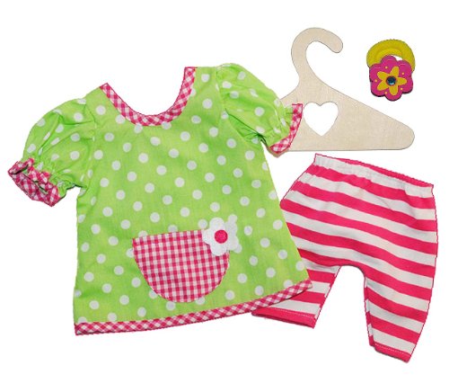 alles-meine.de GmbH 2 TLG. Set Puppenkleidung Shirt mit Hose Punkte grün Gr. 35-45 cm grün rosa Blume - incl. Haargummi - für die Puppe - Kleidung Bekleidung Puppenbekleidung von alles-meine.de GmbH