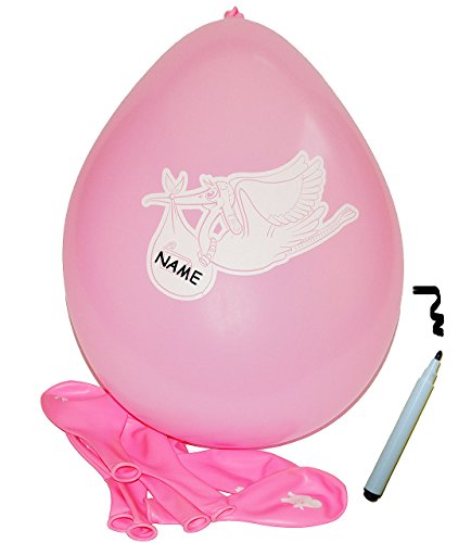 alles-meine.de GmbH 24 TLG. Set Luftballons - Storch mit Baby - pink - mit Namen zum Beschriften - Ballon für Helium oder Luft - Kinder/Mädchen - zur Geburt/Willkommen .. von alles-meine.de GmbH