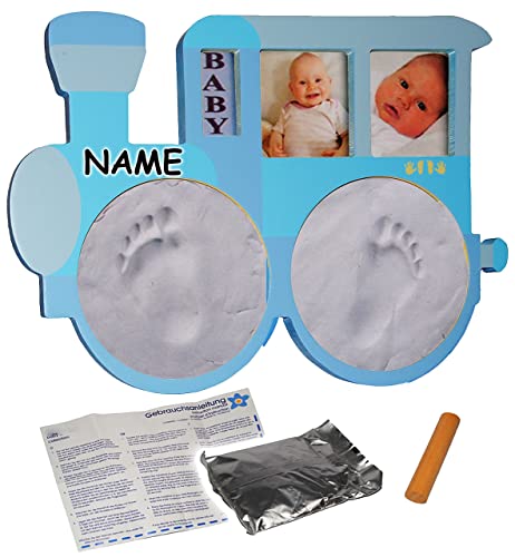 alles-meine.de GmbH 3-D Bastelset Händeabdruck + Fußabdruck - incl. Rahmen + Name - Lokomotive - blau - Babyfoto - Babyabdruck - Set Ton Abdruck - Aufstellen/Hinhängen - gieß.. von alles-meine.de GmbH