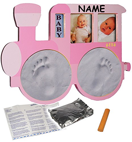 alles-meine.de GmbH 3-D Bastelset Händeabdruck + Fußabdruck - incl. Rahmen + Name - Lokomotive - rosa/pink - Babyfoto - Babyabdruck - Set Ton Abdruck - Aufstellen/Hinhängen.. von alles-meine.de GmbH