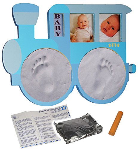 alles-meine.de GmbH 3-D Bastelset Händeabdruck + Fußabdruck - incl. Rahmen - Lokomotive - blau - Babyfoto - Babyabdruck - Set Ton Abdruck - Aufstellen/Hinhängen - gießen Gips.. von alles-meine.de GmbH