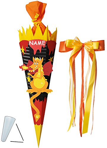 alles-meine.de GmbH BASTELSET Schultüte - Drache mit Feuer - 85 cm - incl. großer Schleife + Name - mit/ohne Kunststoff Spitze - Zuckertüte - Set zum selber Basteln - 6 eckig /.. von alles-meine.de GmbH