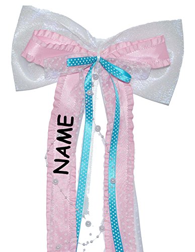 alles-meine.de GmbH große 3-D Schleife - incl. Name/Text - 24 cm breit u. 60 cm lang - Geschenkschleife/Geschenkband mit Spitzenband und Perlen - rosa pink hellblau - für Ges.. von alles-meine.de GmbH