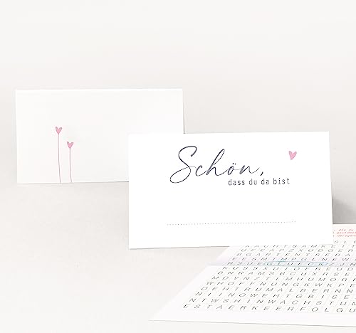 15 Tischkarten Set Platzkarten "Schön, dass du da bist" EIN HERZ ROSA - MIT SPIEL, Hochzeit, Geburtstag, Jubiläum, schlicht von almira Design