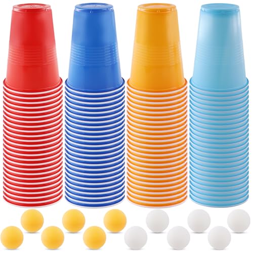 alwaiiz Partybecher Set, 100 Stück Plastik Becher Party(je 25 für Blau, Rot, Orange und Hellblau) + 12 Stück Bälle(6 Gelb, 6 Weiß), Plastik Becher für Partys und Geburtstage, 16oz/475ml von alwaiiz