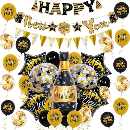 Bierflaschenballon Silvester Partyzubehör für 2024 Schwarz Golden Happy New Year Banner Festival Party Dekor Geschenk Neujahr Ballon von amangul