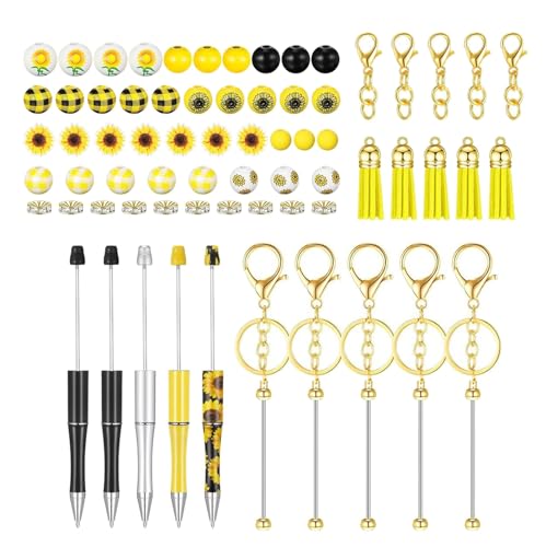 amangul Sammlung von 5 Perlenstiften und Schlüsselanhängern mit Lederfransen, Charm, bunte Holzperlen für Stifte, dekoratives Schreibwaren-Set, einzigartiges Schreibwaren-Set von amangul
