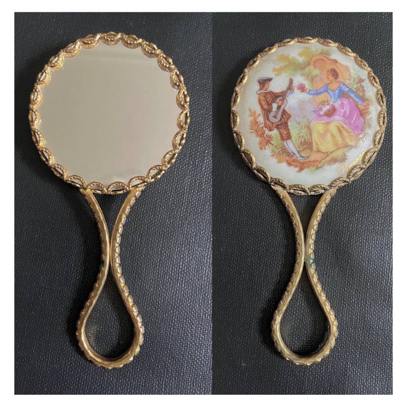 Vintage Fragonard Limoges Handtaschenspiegel. Miniatur Spiegel Aus Keramik. Verschnörkte Rahmen Schminkspiegel. Hofszene Spiegel von amoriabridle