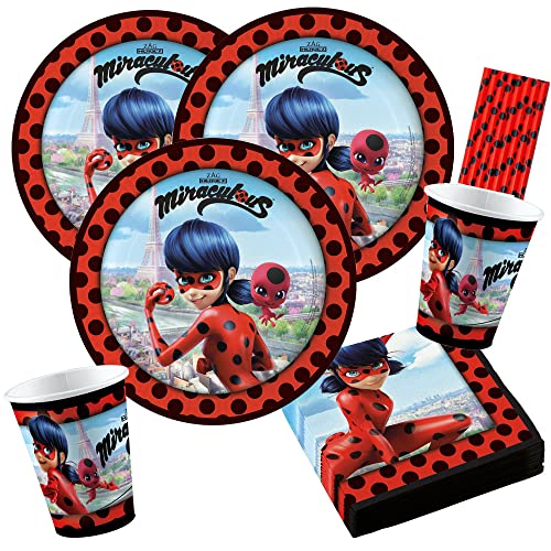 amscan/spielum 44-teiliges Party-Set - Miraculous Ladybug Teller Becher Servietten + Trinkhalme für 8 Kinder von amscan/spielum