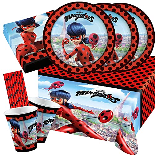 amscan/spielum 45-teiliges Party-Set - Miraculous Ladybug Teller Becher Servietten Tischdecke + Trinkhalme für 8 Kinder von amscan/spielum