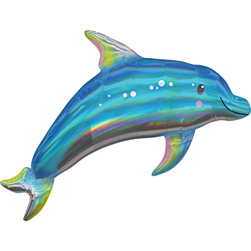 Amscan 3937601 - Super Shape Folienballon Iridescent Blue Dolphin, Größe 73 x 68 cm, Volumen 40 Liter, Heliumballon von amscan