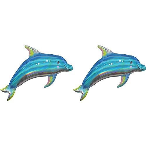 Amscan 3937601 - Super Shape Folienballon Iridescent Blue Dolphin, Größe 73 x 68 cm, Volumen 40 Liter, Heliumballon (Packung mit 2) von amscan