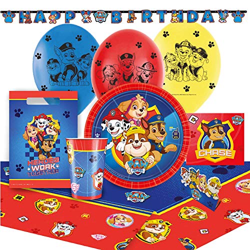 Amscan 9050 0364 - Partyset Paw Patrol, 8 Teller, 8 Becher, 16 Servietten, Tischdecke, 8 Beutel, Girlande, 8 Einladungen/Umschlag, 6 Latexballons von amscan