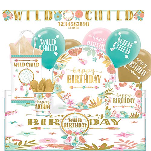 Amscan 9050 0392 - Partyset Boho Birthday Girl, 8 Teller, 8 Becher, 16 Servietten, Tischdecke, Girlande, 6 Latexballons, 8 Einladungsets, 8 Papiertüten von amscan