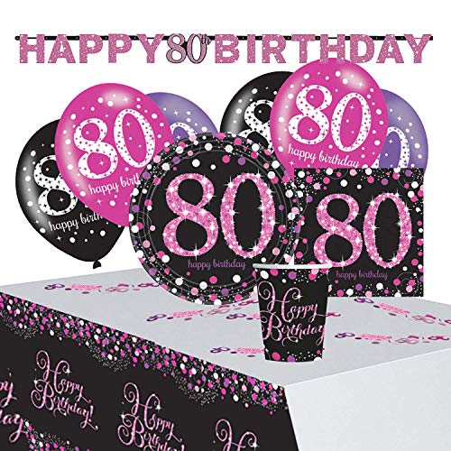 Amscan 9050 0414 - Partyset Pinke Glückwünsche 80, 8 Teller, 20 Servietten, 8 Becher, Tischdecke, Girlande, Konfetti, 6 Latexballons von amscan