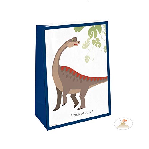 Amscan 9903978 - Papiertüten Fröhlicher Dinosaurier, 4 Stück, Größe 14,7 x 21 cm, mit Sticker, Dino, Happy Dinosaur, Geschenktasche, Verpackung, Tüte, Give Away von amscan