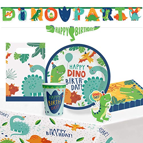 Amscan 9907564 - Partyset Happy Dino, 8 Teller, 8 Becherl, 16 Servietten, Tischdecke, 2 Girlanden, 8 Einladungen mit Umschlag, 8 Papiertüten von amscan