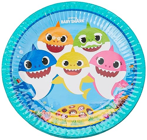 Amscan 9909039 - Papp-Teller Baby Shark, 8 Stück, Durchmesser ca. 22,8 cm, bunte, runde Teller mit lustigem Hai-Motiv, aus Papier, Einweggeschirr, Kindergeburtstag, Tischdekoration von amscan
