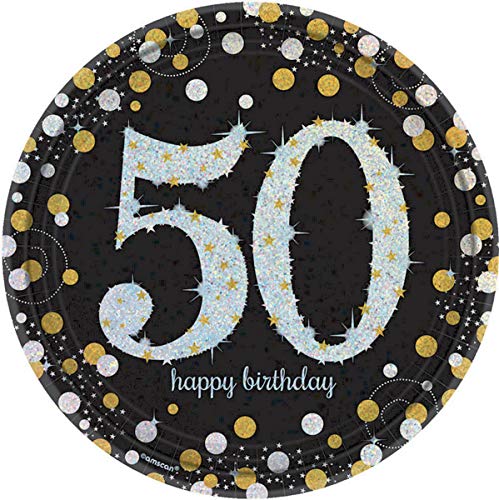 amscan 551546 Pappteller, 26 cm, Aufschrift 50 Happy Birthday, mit Glitzereffekt, Schwarz / Gold von amscan