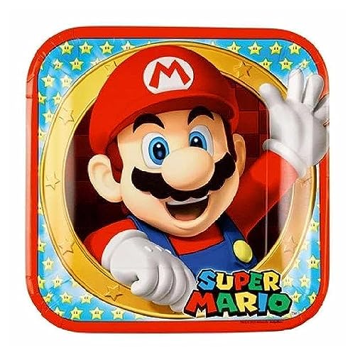 amscan 9901535-66 52-teiliges Party-Set Super Mario-Teller Becher Servietten für 16 Kinder, Weiß, 23 cm von amscan