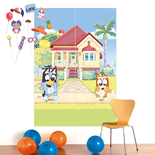 amscan 9915387 Offiziell lizenzierter Bluey Vinyl Szenen-Setter, Party-Dekoration, Hintergrund, 4 Paneele, Mehrfarbig von amscan