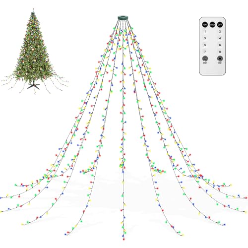 Christbaumbeleuchtung mit Ring 3m, ANEEWAY 480LEDs Weihnachtsbaum Lichterkette mit 16 Stränge Tannenbaum Lichterkette Speicherfunktion Weihnachtsbeleuchtung Lichternetz für 2.5m-3.4m Baum, Mehrfarbig von aneeway