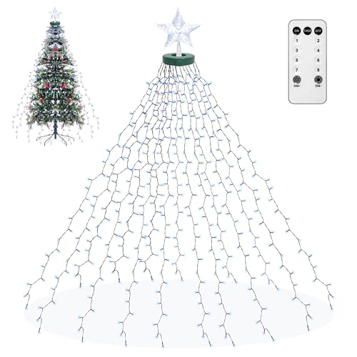 Weihnachtsbaum Lichterkette mit Sterne, 410 LEDs Weihnachtsbeleuchtung Weihnachten Lichternetz mit Fernbedienung 2m Tannenbaum Licht mit Ring für Innen & Außen Kaltesweiß von aneeway