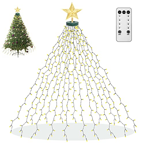 aneeway 410 LEDs Lichterkette Weihnachtsbaum mit Sterne Weihnachtsbeleuchtung Weihnachten Lichternetz mit Fernbedienung 2m Tannenbaum Licht Weihnacht Christbaum mit Ring für Innen & Außen Warmweiss von aneeway