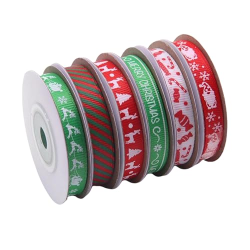 ankbrats 6 Rollen 9,1 m Weihnachts-Satinband, Geschenkverpackung, Frohe Weihnachten, Hirsch, Nadelstreifen, Süßigkeiten, Schneeflocke, Ripsband, rotes und grünes Schottenkaro, Festival, Handwerk, von ankbrats