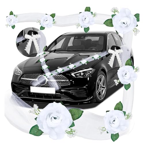 Autoschleifen Hochzeit Autoschmuck Schleifen Spiegel,Auto Deko Hochzeit,Autoschmuck Hochzeit Motorhaube Saugnapf,Mit 4 Autoschleifen Hochzeit Schleife+ 9 Blumen Für Alle Automodelle Schleife Girlande von anneratteryer