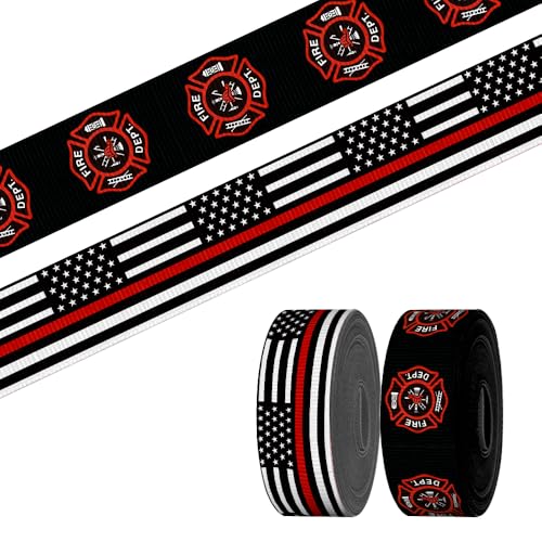 anshome 2 Rollen 9,1 m Feuerwehrmann-Bänder, 2,2 cm, patriotischer Stern, Ripsband, rot-weiß-schwarz gestreift, Stoffband für Geschenkverpackungen, Feuerwehr-Dekorationen von anshome