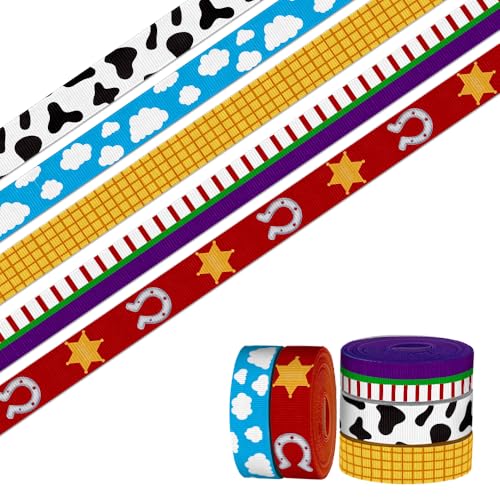 anshome 5 Rollen 20 Meter Cartoon-Bänder, 0,95 cm, bunt, weiße Wolke, Kuh, Ripsband, gelbes Büffelkaro, Stoffband für Geschenkverpackungen, Schule, Party-Dekorationen von anshome