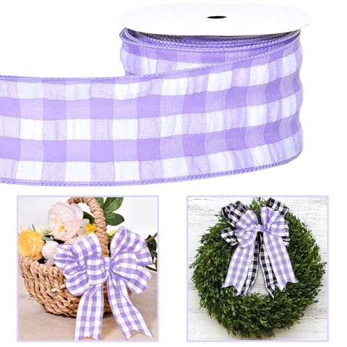 anshome 6,3 cm x 9,1 m lila und weißes Büffelkariertes Drahtband, Frühlings-lila kariert, Bauernhaus, Gingham-Bastelband für Bastelarbeiten, Geschenkverpackungen, Kranz, Frühling, Urlaub, Ostern, von anshome