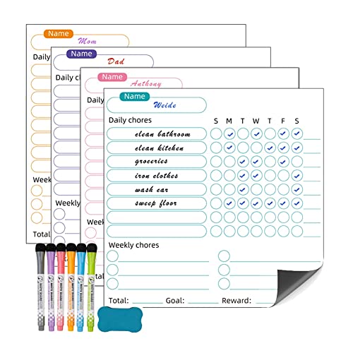 arlote 1 Set Trocken Abwischbare Aufgabentabelle für Kinder – 4 X Trocken Abwischbare Verhaltenstabellen und 6 Farbige Marker mit Radiergummi, Mehrfarbige Verhaltenstabelle von arlote