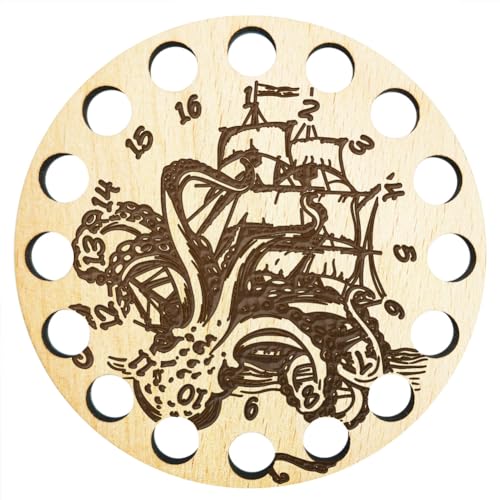 arricraft 1 Stück Kreuzstich-Garnhalter Aus Holz, Oktopus-Monster, Segelschiff, 16 Position, Runde Fadenwickelplatte, Brett, Handarbeitsfadenhalter Für DIY-Nähgarnaufbewahrung von arricraft