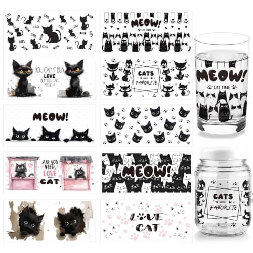 arricraft 10 Blatt Black Cat UV DTF Cup Wrap Für 16OZ Glas Are You Need Is Love And A Cat Abziehbilder Zum Aufreiben Cartoon Tier Transferaufkleber Für DIY Flaschen Katzenfutterbehälter von arricraft