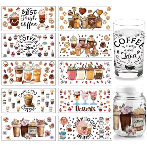 arricraft 10 Blatt Getränke Desserts UV DTF Cup Wrap, Kaffee-, Milch-, Tee- Und Kuchenmuster, Abziehbilder, Wasserfeste PVC-Transferaufkleber Für Selbstgemachte Libbey-Glasbecher Oder von arricraft