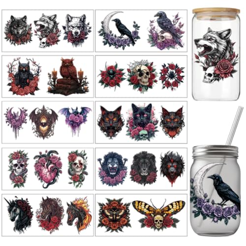 arricraft 10 Blatt Gothic Dark Animals UV DTF Cup Wraps Für 16 OZ Glasbecher 10 Stile Rubbelbilder Zum Aufreiben PVC Transferaufkleber Wasserfest Zum Selbermachen Weihnachtsgeschenke 9.4x4.3(1) cm von arricraft