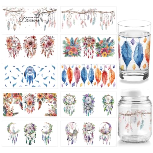 arricraft 10 Blatt Traumfänger UV DTF Cup Wrap Für 16OZ Glas Federn Blumen Zweige Monde Abziehbilder Traumhafte Transferaufkleber Für DIY Flaschen Wandfenster Boho Dekor Frauen von arricraft