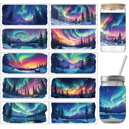 arricraft 10 Blatt UV Cup Transferpapier 11x24cm (4.33x9.45 Zoll) Wunderschöne Aurora Borealis Muster Transferaufkleber Cartoon Wasserdichte PVC Aufkleber Für DIY Brillen Dekoration Aufkleber von arricraft