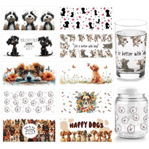 arricraft 10 Blatt UV DTF Becherfolie Mit Hundemotiv Für 16 oz Glas „Life Is Better With Dogs“ Abziehbilder Zum Aufreiben Cartoon Pfotenabdruck Knochen Herz Tier Transferaufkleber von arricraft