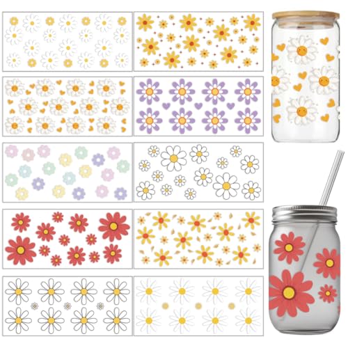 arricraft 10 Blatt UV DTF Becherfolien Für 16 OZ Glasbecher 10 Stil Gänseblümchen Blumen Abziehbilder Zum Aufreiben PVC Transferaufkleber Wasserfeste Abziehbilder Zum Selbermachen Ihrer von arricraft