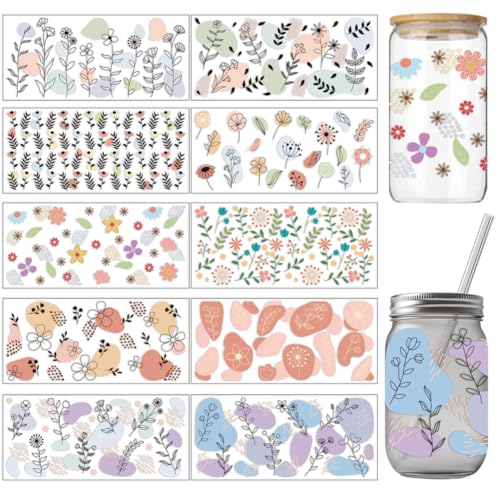 arricraft 10 Blatt UV DTF Becherfolien Für 16 OZ Glasbecher 10 Stile Bohemian Wildflowers Rub On Transfers PVC Transferaufkleber Wasserfeste Rubbelbilder Zum Selbermachen Ihrer Weihnachtsgeschenke von arricraft