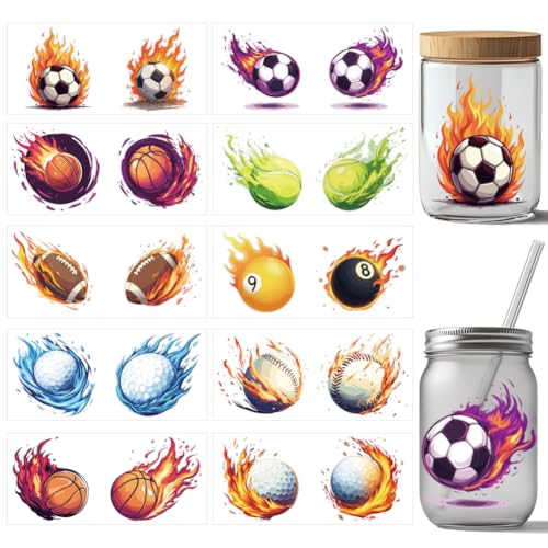 arricraft 10 Blatt UV DTF Becherfolien Für 16 OZ Glasbecher 10 Stile Sportball Motiv PVC Transferaufkleber Wasserfeste Abziehbilder Zum Selbermachen Ihrer Weihnachtsgeschenke 9.4x4.3(1) cm von arricraft